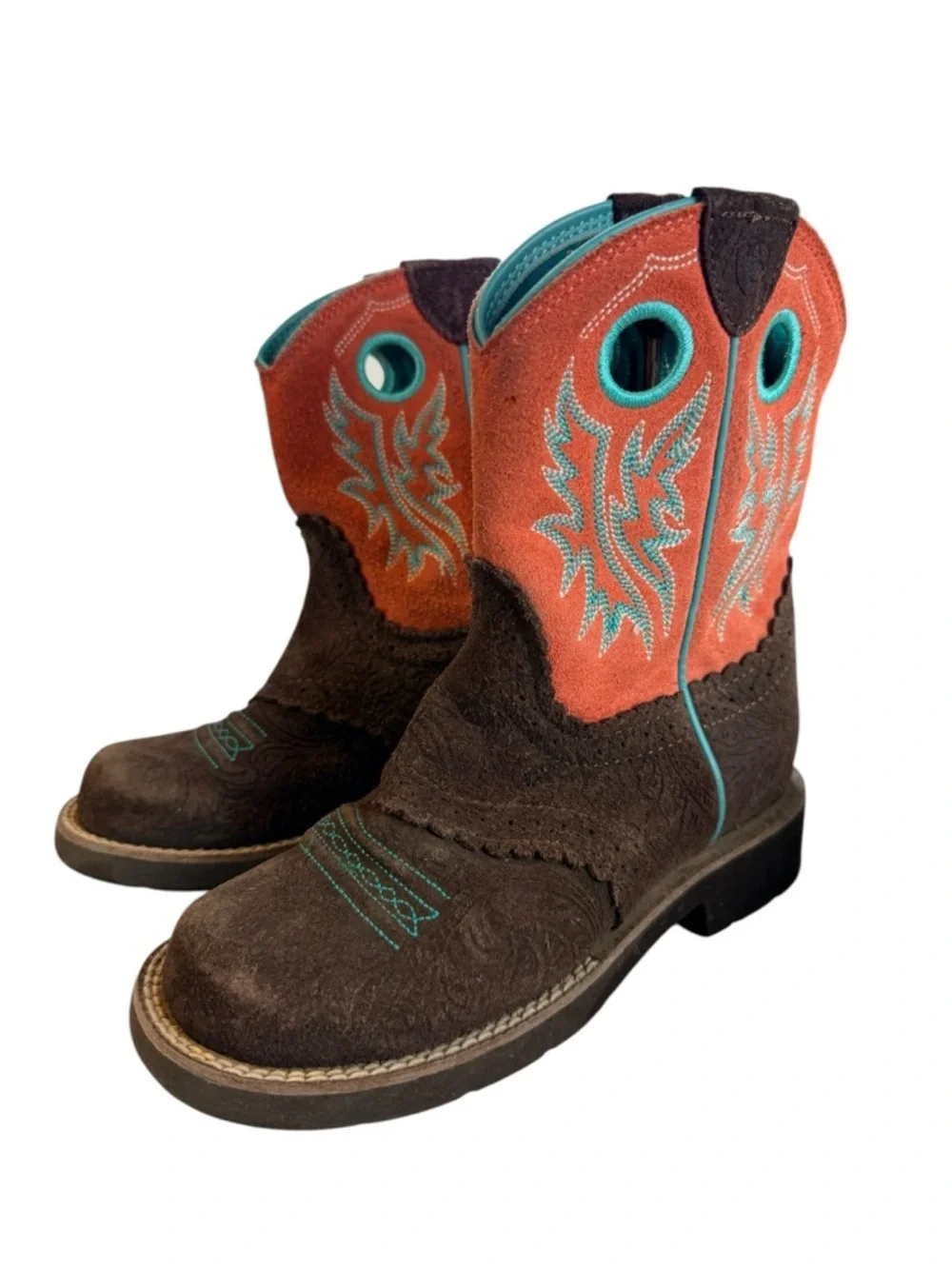 Ariat Kids Cowboy Boots Brown Leather Turquoise Embroidered Western 4LR Youth